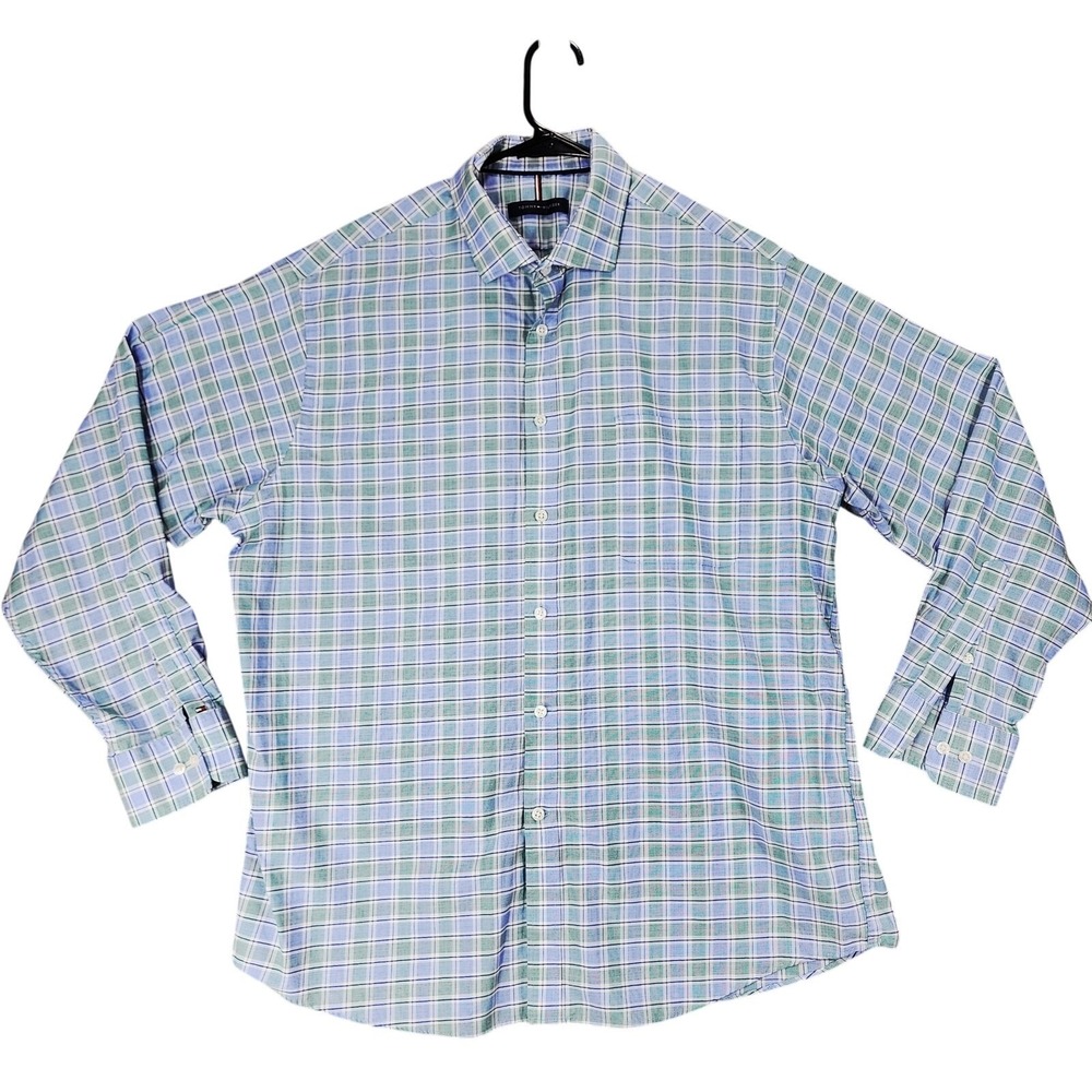 Tommy Hilfiger Button Up Shirt XL 17-17.5 34-35 Men Regular Fit Plaid Blue Green
